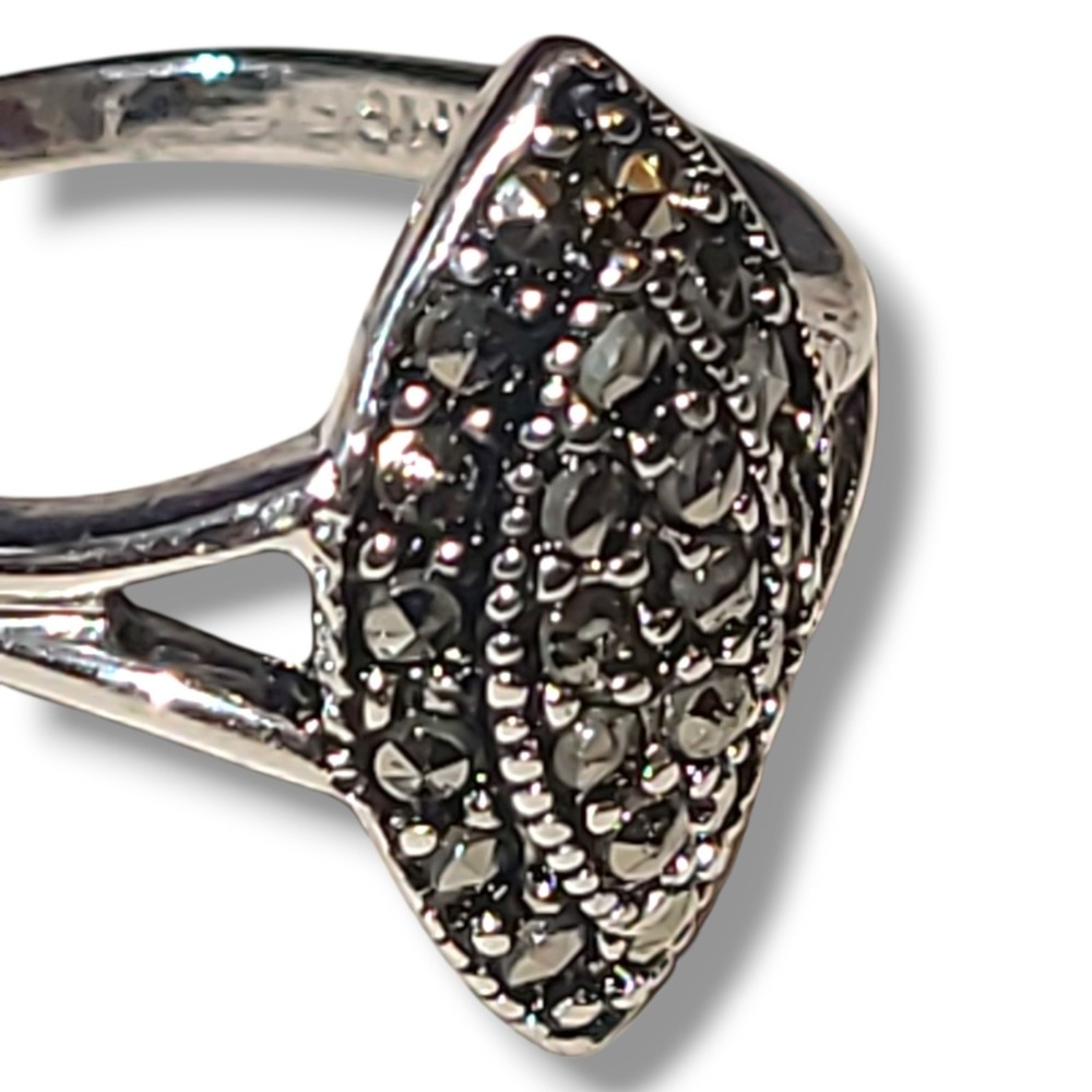 Vintage 18K HGE Genuine Marcasite Shield Cocktail Ring White Gold Tone Sz‎ 5